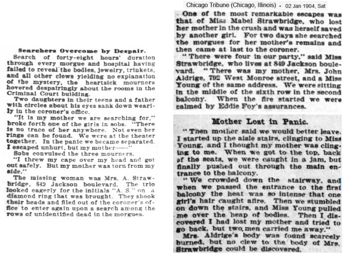 Newspaper story about 1903 Iroquois Theater victims