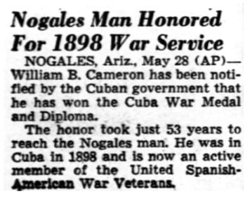 Cameron Spanish American war award 53 years later