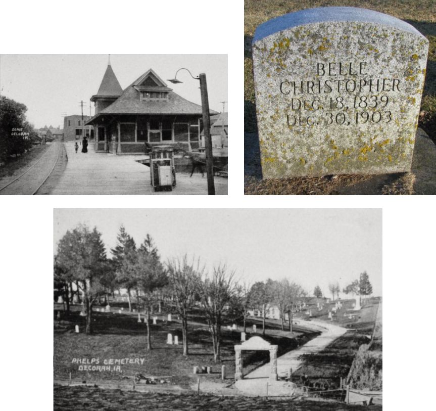 Belle Christopher's Decorah, Iowa train station and Phelps Cemetery in early 1900s