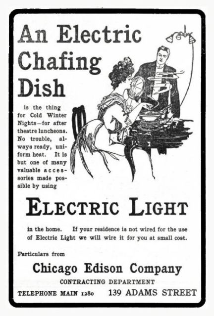 Chicago Edison appliance advertisement reveals interesting transitional time in technology.  Not every residence converted to electric lights had wall outlets.