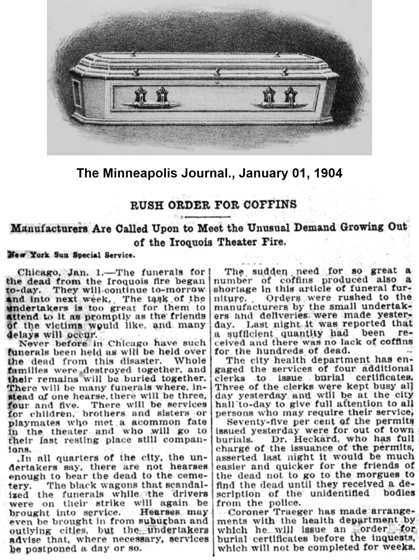 News story about coffins, hearses and burial permits for Irquois Theater victims