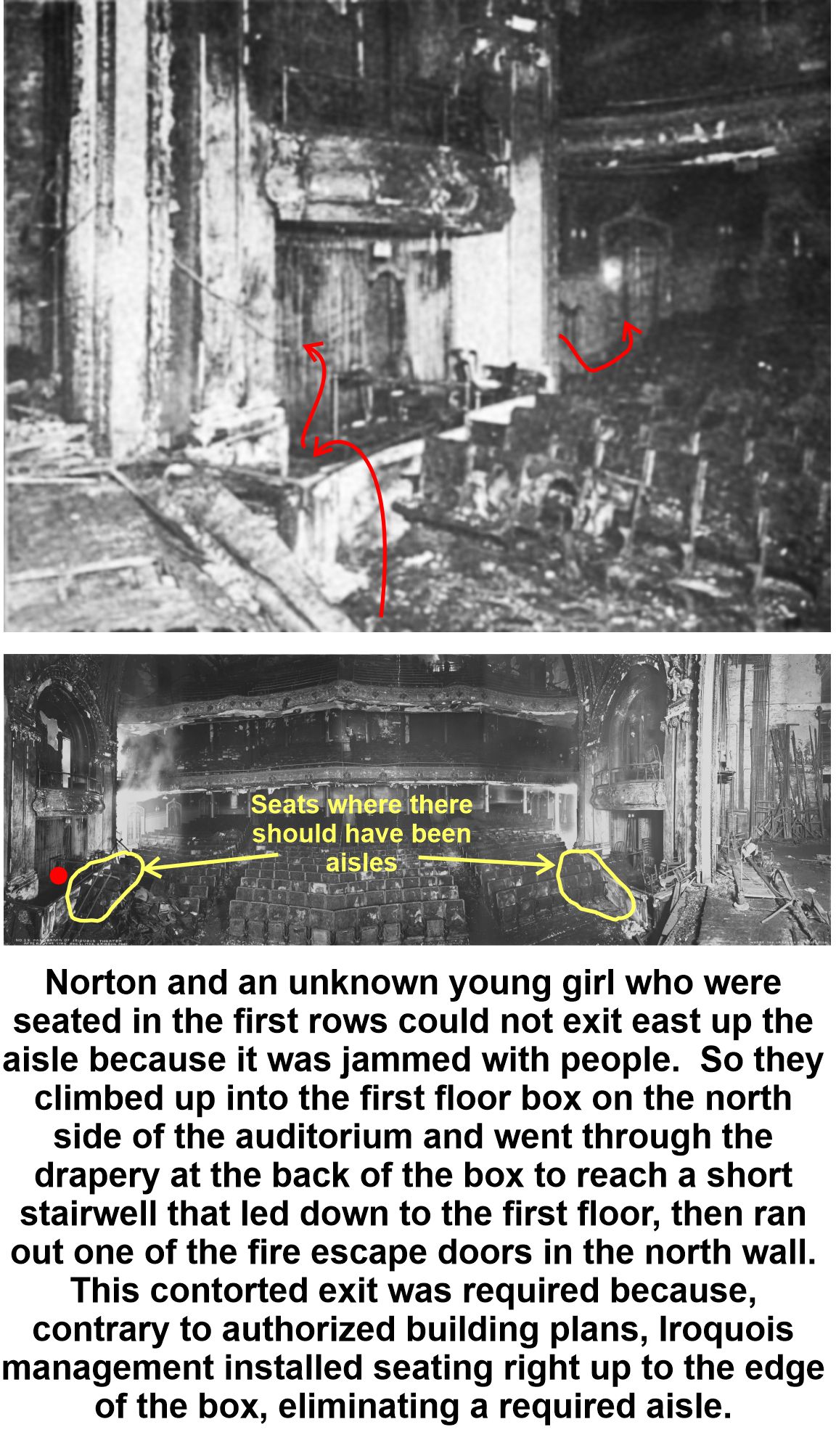 Norton and a girl escaped through a box seat fire exit