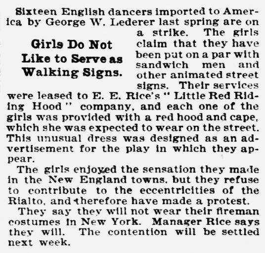 Tiller girls reject Little Red Riding Hood capes on street