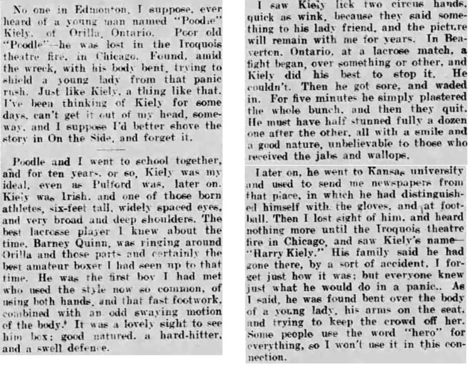 1910 Edmonton Journal story about Harry Kiely