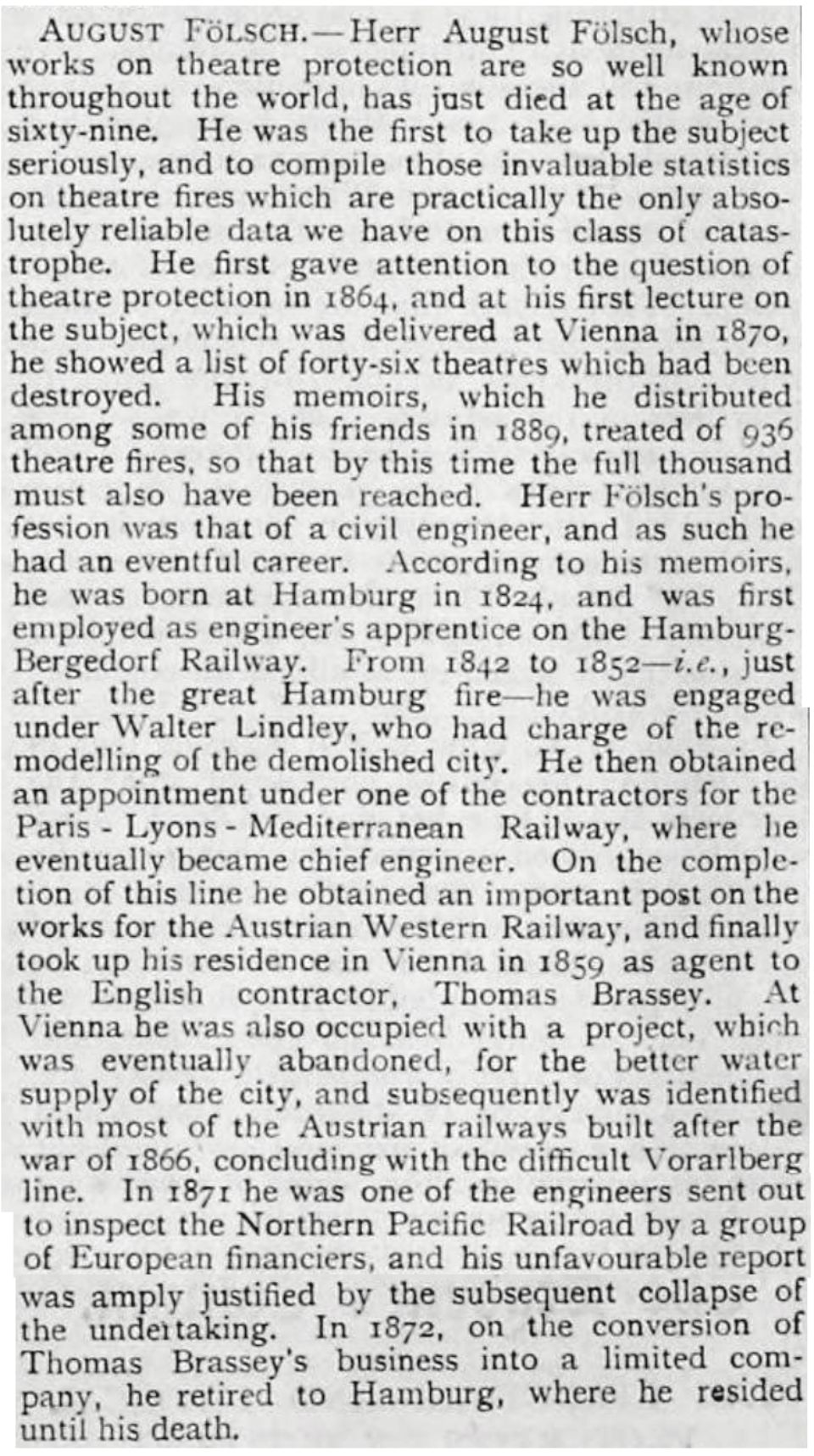 Biography of August Folsch, Theater fire scholar