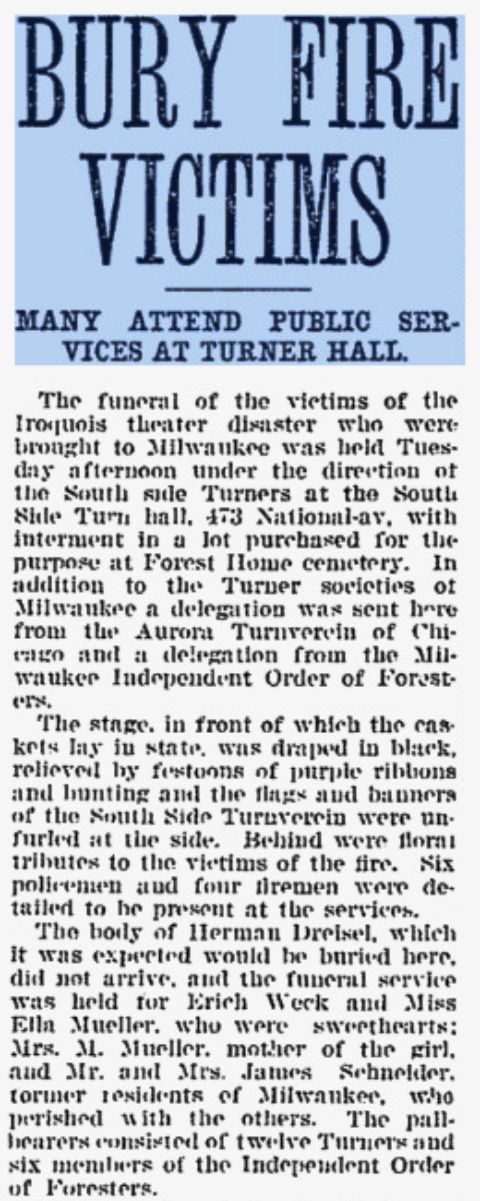 Milwaukee 1904 newspaper story about Turners in Iroquois Theater fire